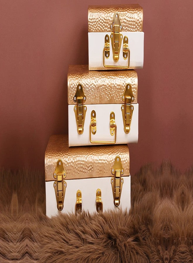INDIAN ARTISANS Metal Trunk Gift Box Set of 3 - Golden & Ivory Hammered Design - Sizes 30, 25, 20cm - Improved Quality - Bridal Storage, Wedding Hamper, Decorative Jewelry Organizer, Metal Gift Boxes - Image 1